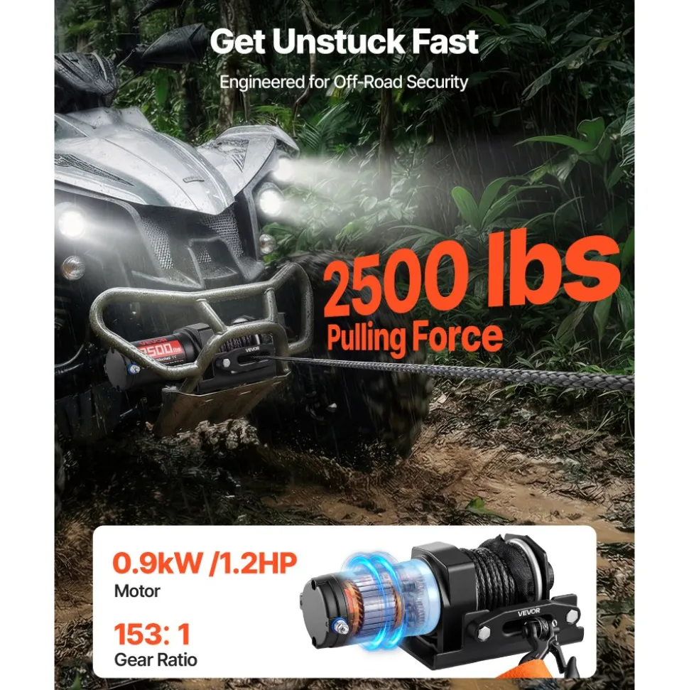 VEVOR 2500 lbs Electric Winch, 12V DC ATV/UTV Winch with Φ0.19 in x 39.4 ft Synthetic Rope & Wired Remote Control, IP55 Waterproof, Aluminum Housing Fairlead Mount Plate for Towing ATV, Black