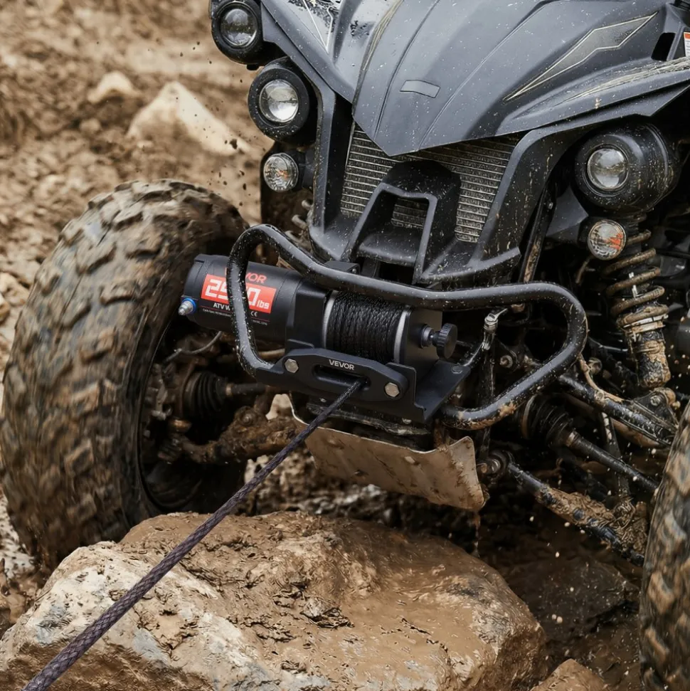 VEVOR 2500 lbs Electric Winch, 12V DC ATV/UTV Winch with Φ0.19 in x 39.4 ft Synthetic Rope & Wired Remote Control, IP55 Waterproof, Aluminum Housing Fairlead Mount Plate for Towing ATV, Black