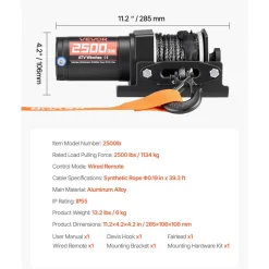 VEVOR 2500 lbs Electric Winch, 12V DC ATV/UTV Winch with Φ0.19 in x 39.4 ft Synthetic Rope & Wired Remote Control, IP55 Waterproof, Aluminum Housing Fairlead Mount Plate for Towing ATV, Black
