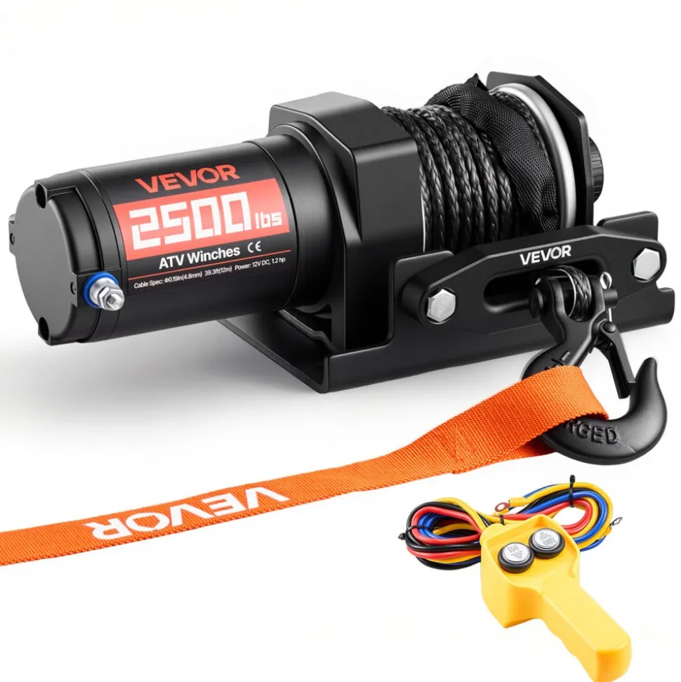 VEVOR 2500 lbs Electric Winch, 12V DC ATV/UTV Winch with Φ0.19 in x 39.4 ft Synthetic Rope & Wired Remote Control, IP55 Waterproof, Aluminum Housing Fairlead Mount Plate for Towing ATV, Black