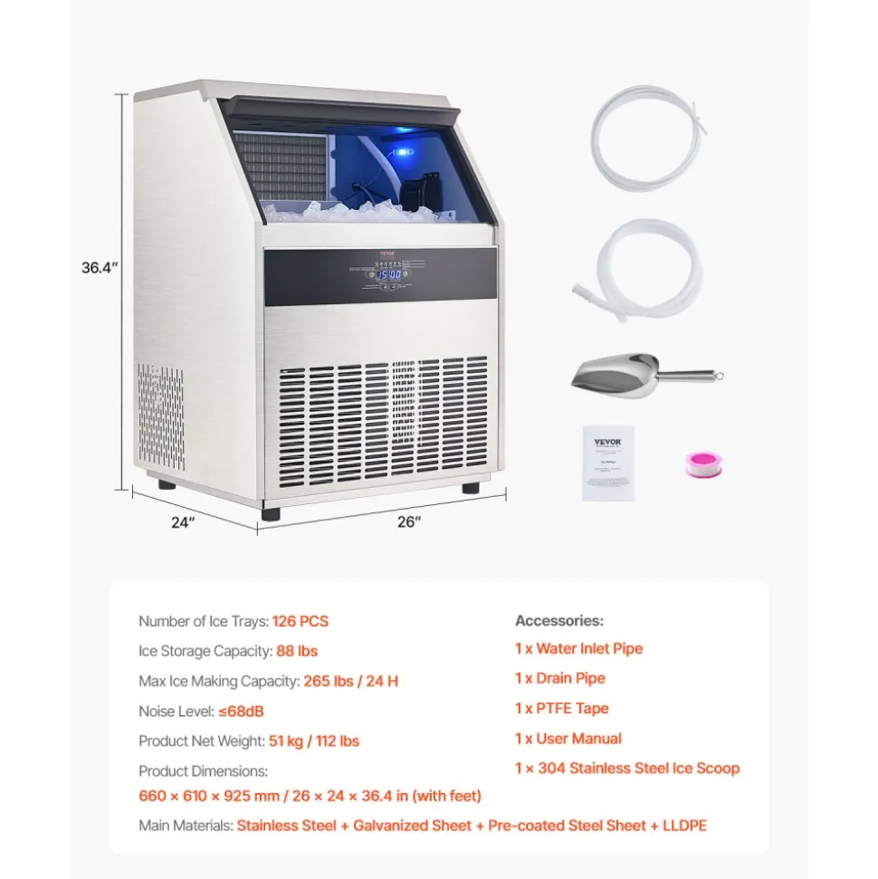 VEVOR 360lbs/24H Commercial Ice Maker Machine, 88lbs Storage Capacity Ice Maker with Drain Pump, 160 Ice Cubes in 15 Minutes, LED Digital Display Freestanding Self-Cleaning for Bar Office Restaurant