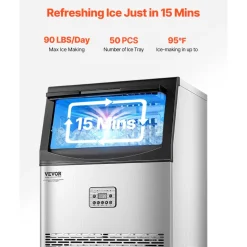 VEVOR 90lbs/24H Commercial Ice Maker Machine, 33lbs Storage Capacity Ice Maker with Drain Pump, 50 Ice Cubes in 15 Minutes, LED Digital Display Freestanding Self-Cleaning for Bar Office Restaurant