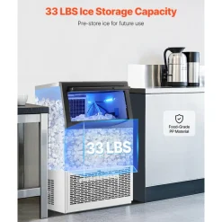 VEVOR 90lbs/24H Commercial Ice Maker Machine, 33lbs Storage Capacity Ice Maker with Drain Pump, 50 Ice Cubes in 15 Minutes, LED Digital Display Freestanding Self-Cleaning for Bar Office Restaurant