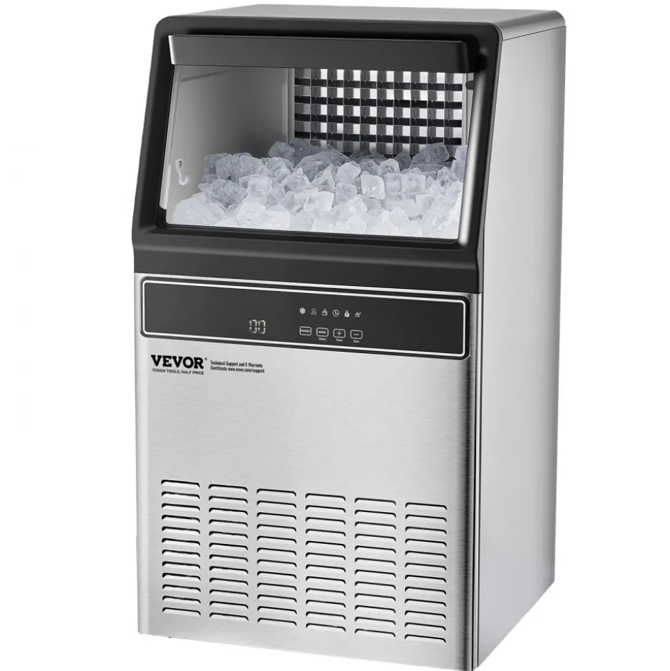 VEVOR 120lbs/24H Commercial Ice Maker Machine, 33lbs Storage Capacity Ice Maker with Drain Pump, 55 Ice Cubes in 15 Minutes, LED Digital Display Freestanding Self-Cleaning for Bar Office Restaurant