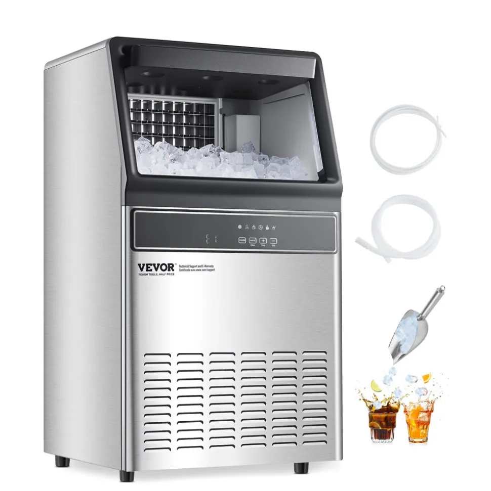 VEVOR 120lbs/24H Commercial Ice Maker Machine, 33lbs Storage Capacity Ice Maker with Drain Pump, 55 Ice Cubes in 15 Minutes, LED Digital Display Freestanding Self-Cleaning for Bar Office Restaurant