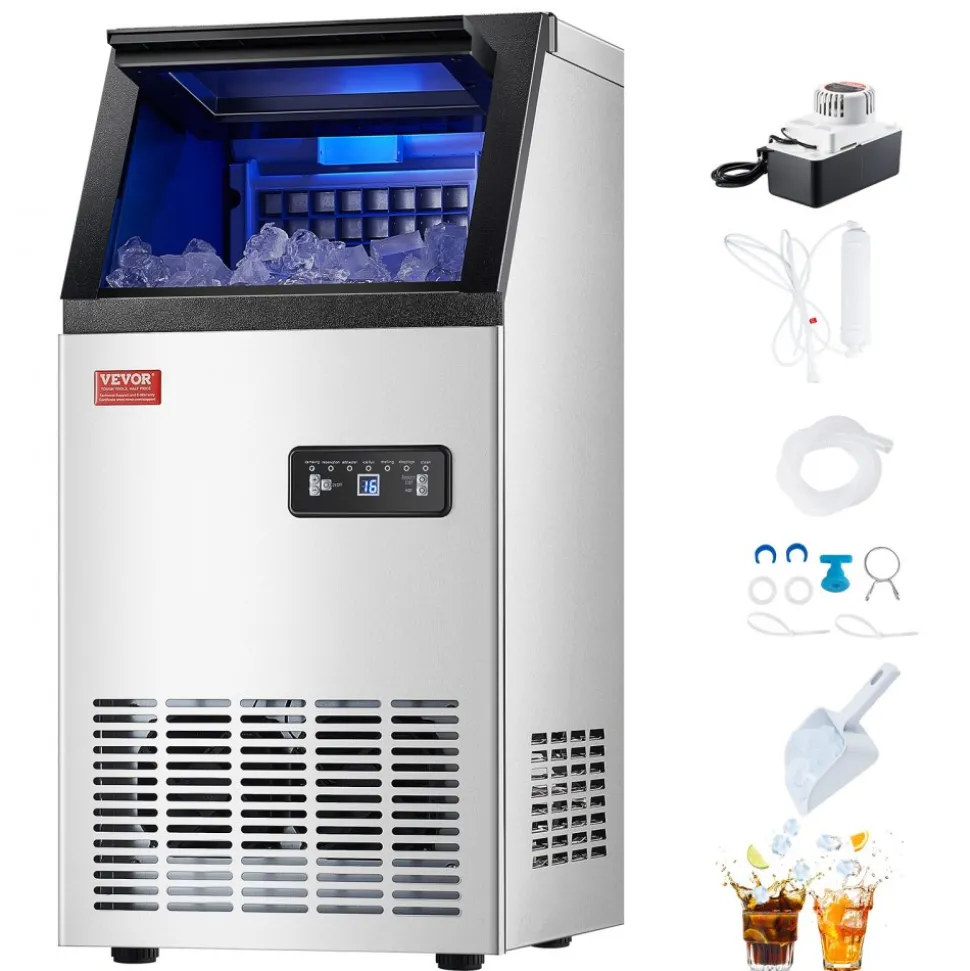 VEVOR 80lbs/24H Commercial Ice Maker Machine, 28lbs Storage Capacity Ice Maker with Drain Pump, 36 Ice Cubes in 15 Minutes, LED Digital Display Freestanding Self-Cleaning for Bar Office Restaurant