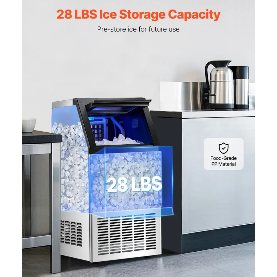 VEVOR 80lbs/24H Commercial Ice Maker Machine, 28lbs Storage Capacity Ice Maker with Drain Pump, 36 Ice Cubes in 15 Minutes, LED Digital Display Freestanding Self-Cleaning for Bar Office Restaurant