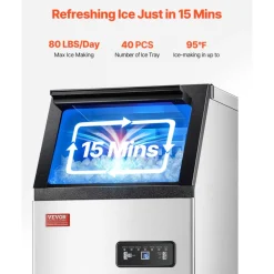 VEVOR 80lbs/24H Commercial Ice Maker Machine, 28lbs Storage Capacity Ice Maker with Drain Pump, 36 Ice Cubes in 15 Minutes, LED Digital Display Freestanding Self-Cleaning for Bar Office Restaurant
