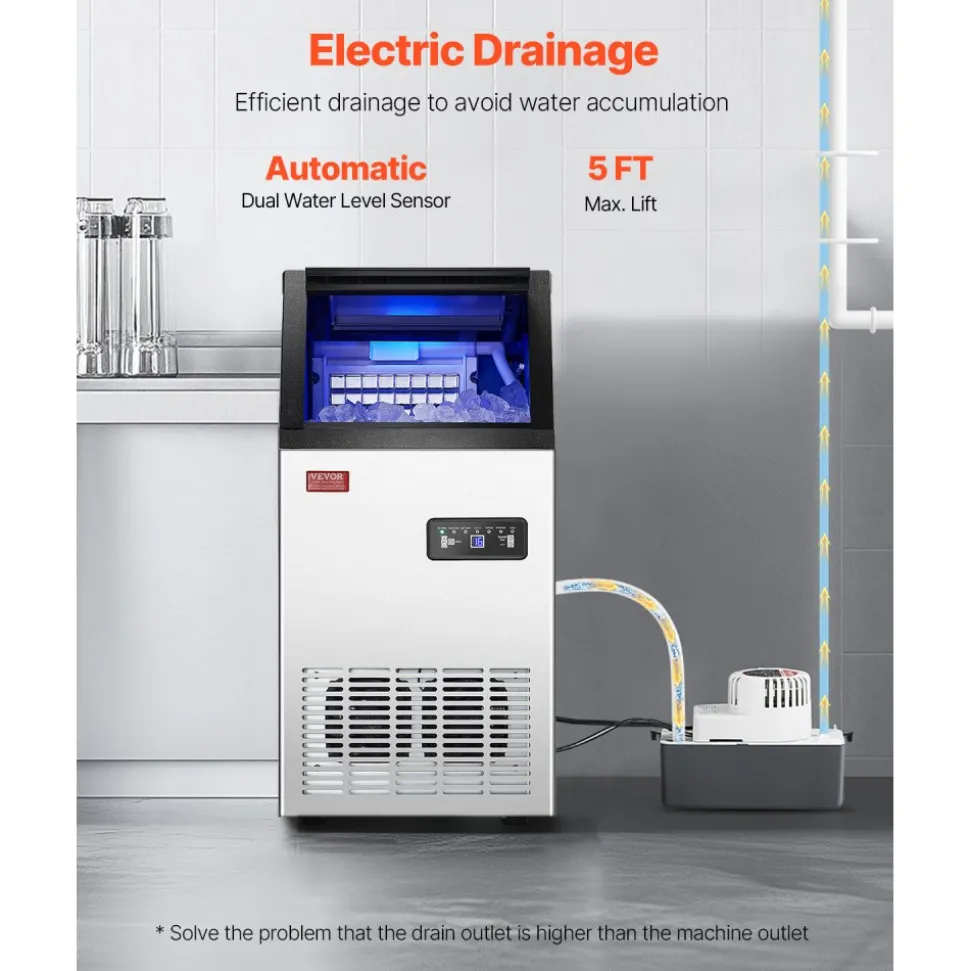 VEVOR 80lbs/24H Commercial Ice Maker Machine, 28lbs Storage Capacity Ice Maker with Drain Pump, 36 Ice Cubes in 15 Minutes, LED Digital Display Freestanding Self-Cleaning for Bar Office Restaurant