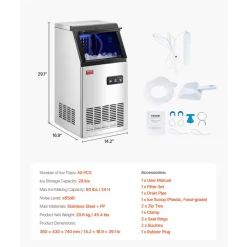 VEVOR 80lbs/24H Commercial Ice Maker Machine, 28lbs Storage Capacity Ice Maker with Drain Pump, 36 Ice Cubes in 15 Minutes, LED Digital Display Freestanding Self-Cleaning for Bar Office Restaurant