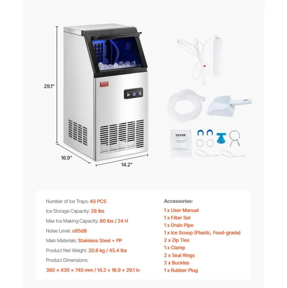 VEVOR 80lbs/24H Commercial Ice Maker Machine, 28lbs Storage Capacity Ice Maker with Drain Pump, 36 Ice Cubes in 15 Minutes, LED Digital Display Freestanding Self-Cleaning for Bar Office Restaurant