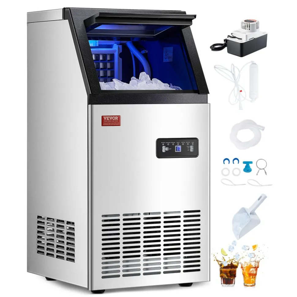VEVOR 80lbs/24H Commercial Ice Maker Machine, 28lbs Storage Capacity Ice Maker with Drain Pump, 36 Ice Cubes in 15 Minutes, LED Digital Display Freestanding Self-Cleaning for Bar Office Restaurant