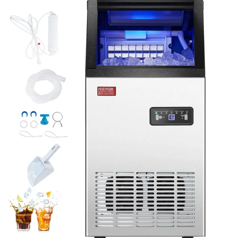 VEVOR 80lbs/24H Commercial Ice Maker Machine, 28lbs Storage Capacity Ice Maker with Drain Pump, 36 Ice Cubes in 15 Minutes, LED Digital Display Freestanding Self-Cleaning for Bar Office Restaurant