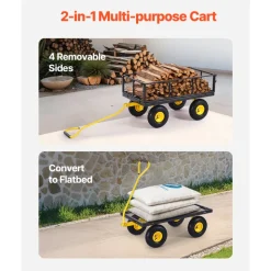 VEVOR 900 Lbs Heavy Duty Steel Garden Cart, Garden Wagon Cart on Wheels, Outdoor Metal Yard Utility Wagon Carts with 10" Tires and Mesh Removable Sides(Convert to Flatbed) and 180°Rotating Handle