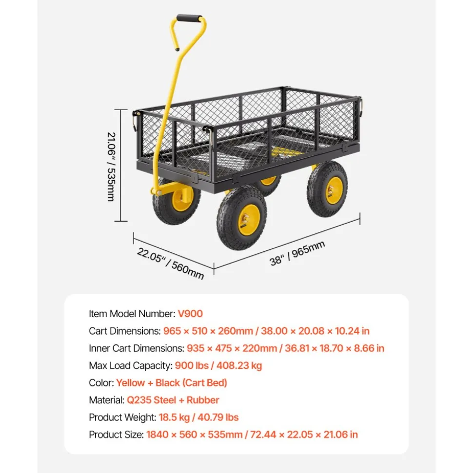 VEVOR 900 Lbs Heavy Duty Steel Garden Cart, Garden Wagon Cart on Wheels, Outdoor Metal Yard Utility Wagon Carts with 10" Tires and Mesh Removable Sides(Convert to Flatbed) and 180°Rotating Handle