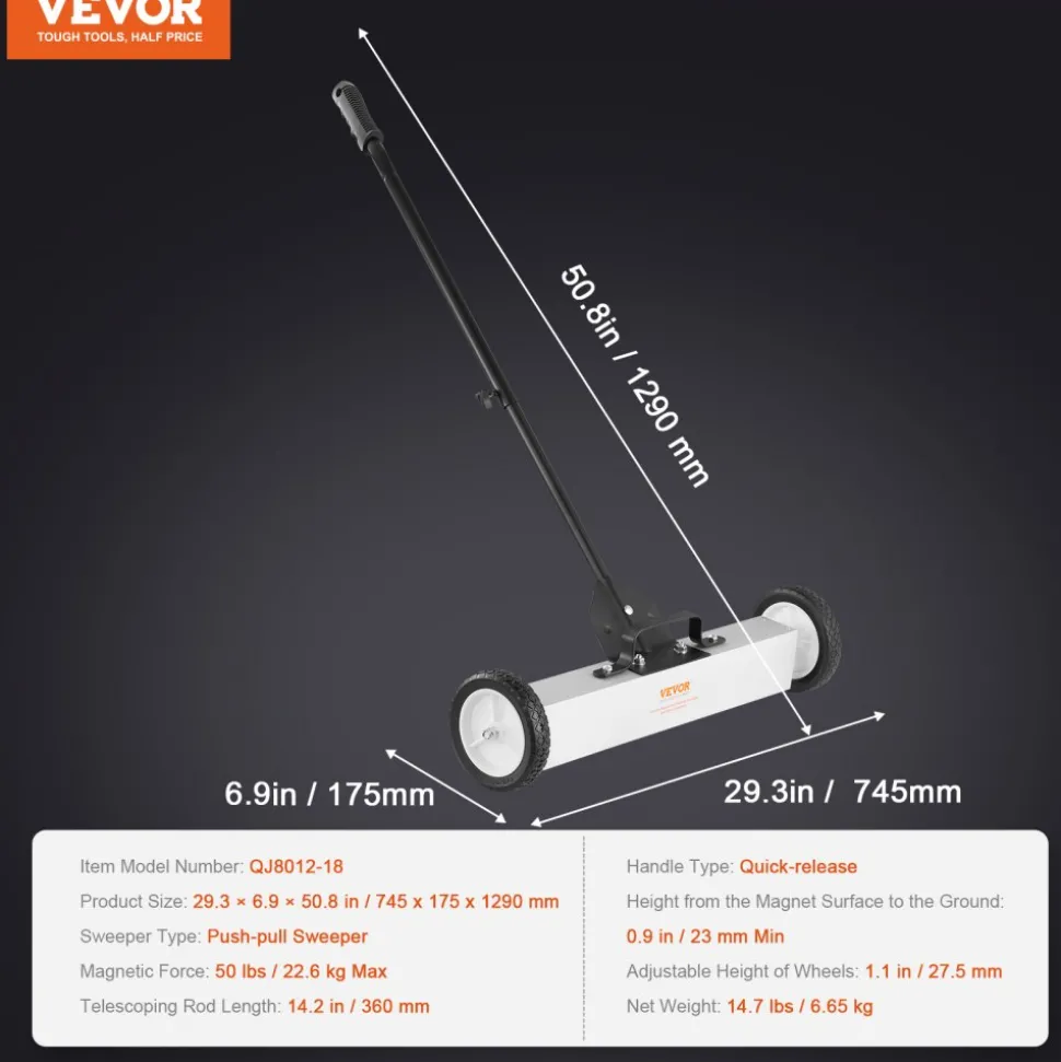 VEVOR 50Lbs Rolling Magnetic Sweeper with Wheels, Push-Type Magnetic Pick Up Sweeper, 24-inch Large Magnet Pickup Lawn Sweeper with Telescoping Handle, Easy Cleanup of Workshop Garage Yard