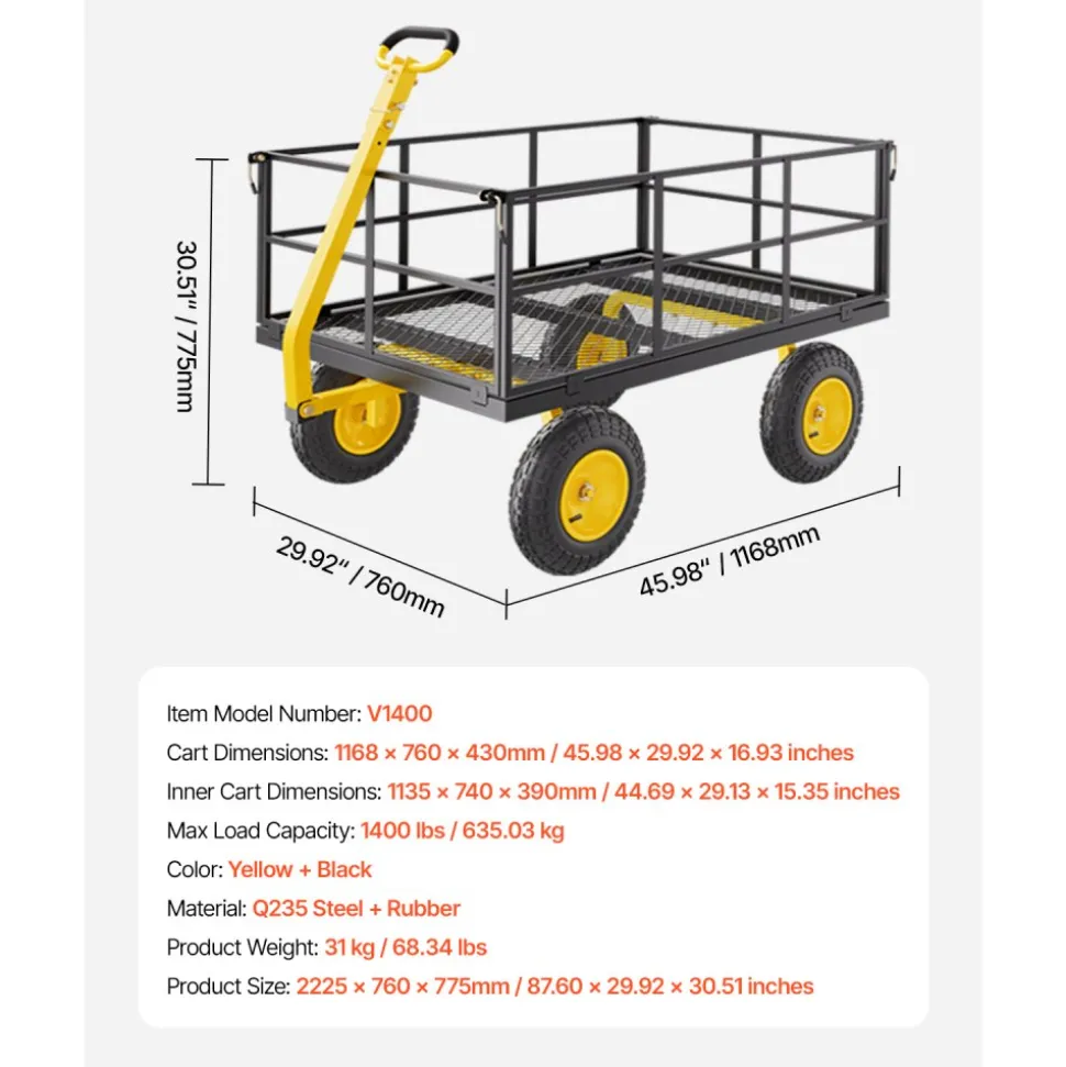 VEVOR 1400 Lbs Steel Garden Cart, Heavy Duty Pullable Garden Wagon Yard Cart, 2 in 1 Outdoor Metal Utility Wagon Yard Trailer with 13" All Terrain Tires, Mesh Removable Sides and 180°Rotating Handle