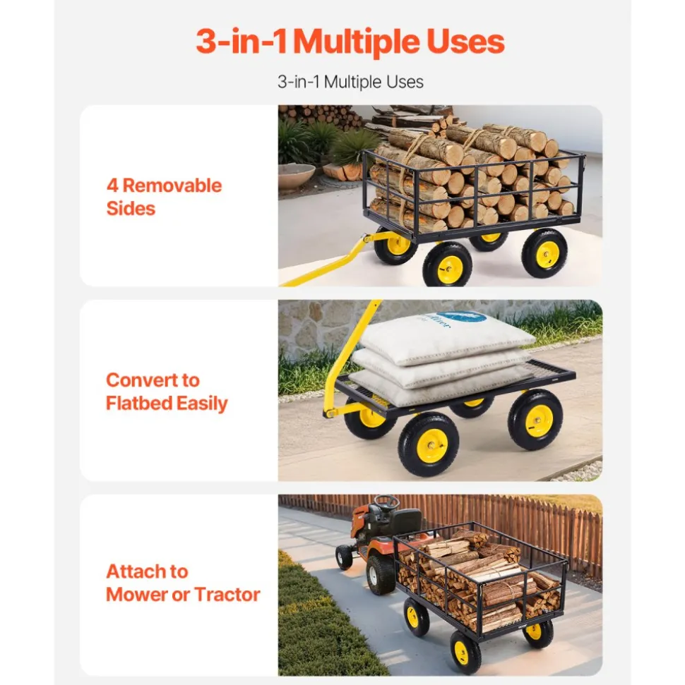 VEVOR 1400 Lbs Steel Garden Cart, Heavy Duty Pullable Garden Wagon Yard Cart, 2 in 1 Outdoor Metal Utility Wagon Yard Trailer with 13" All Terrain Tires, Mesh Removable Sides and 180°Rotating Handle