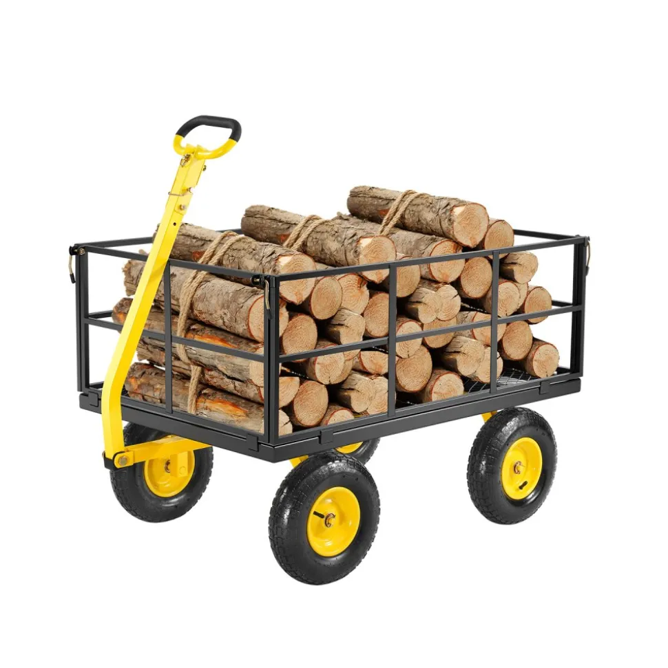 VEVOR 1400 Lbs Steel Garden Cart, Heavy Duty Pullable Garden Wagon Yard Cart, 2 in 1 Outdoor Metal Utility Wagon Yard Trailer with 13" All Terrain Tires, Mesh Removable Sides and 180°Rotating Handle