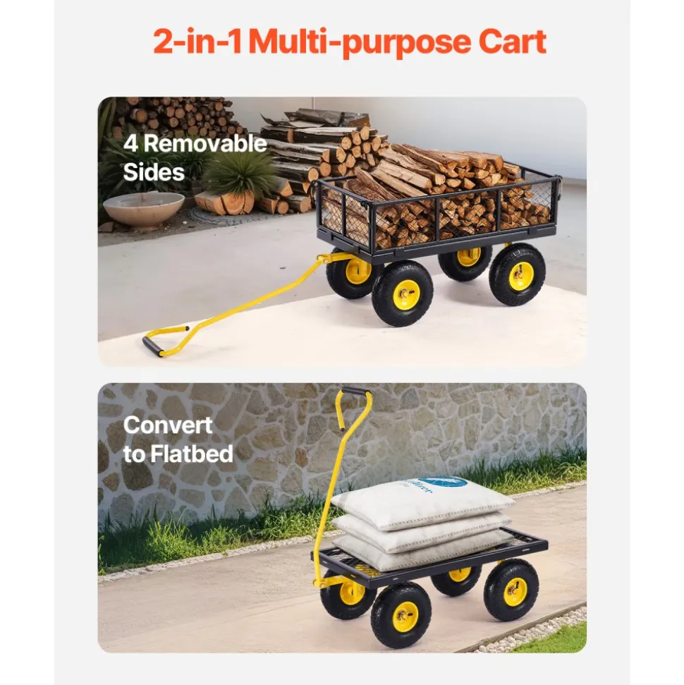 VEVOR 500 Lbs Steel Garden Cart, Heavy Duty Garden Wagon Cart Pullable on Wheels, Metal Yard Utility Wagon Carts with 10" All Terrain Tires, Mesh Removable Sides and 180°Rotating Handle