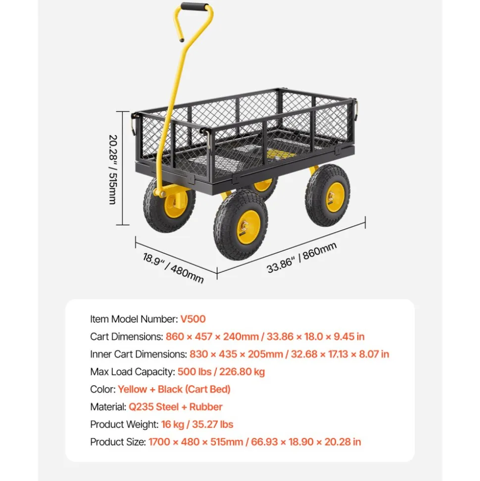 VEVOR 500 Lbs Steel Garden Cart, Heavy Duty Garden Wagon Cart Pullable on Wheels, Metal Yard Utility Wagon Carts with 10" All Terrain Tires, Mesh Removable Sides and 180°Rotating Handle