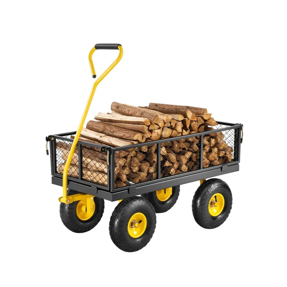 VEVOR 500 Lbs Steel Garden Cart, Heavy Duty Garden Wagon Cart Pullable on Wheels, Metal Yard Utility Wagon Carts with 10" All Terrain Tires, Mesh Removable Sides and 180°Rotating Handle