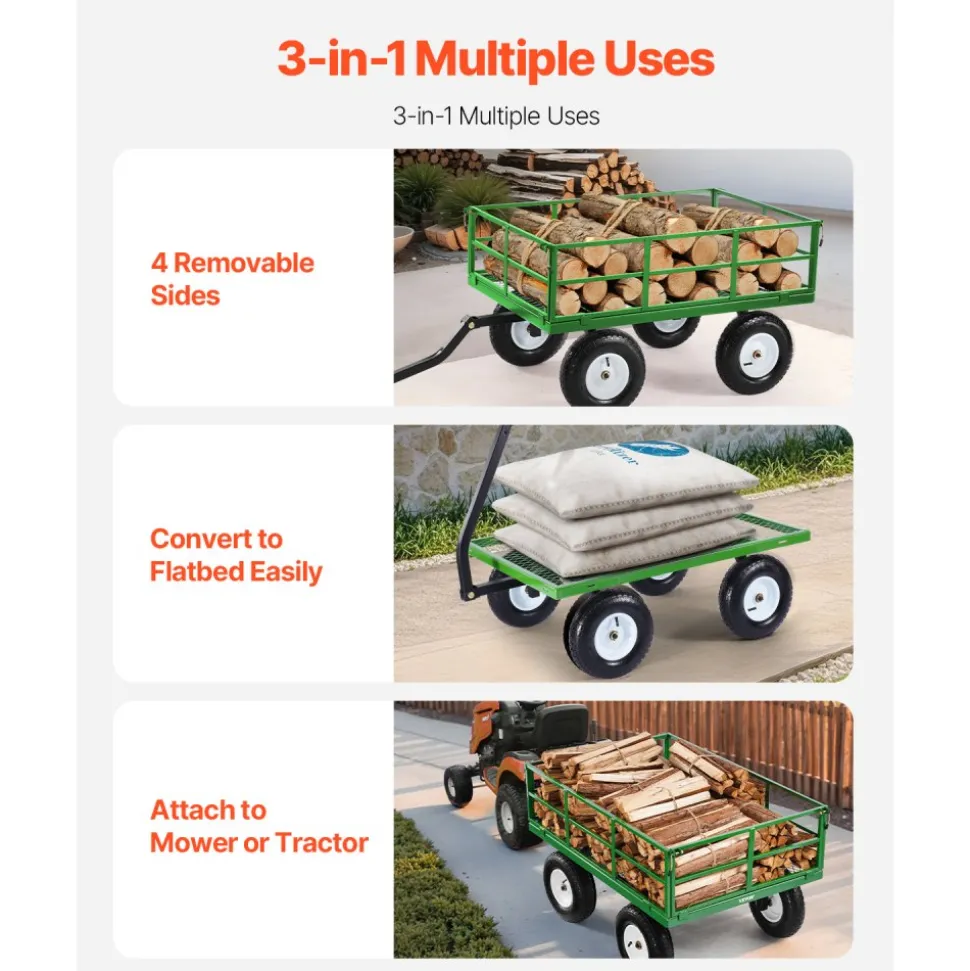 VEVOR 1200 Lbs Steel Garden Cart, Heavy Duty Pullable Garden Wagon Yard Cart, 2 in 1 Outdoor Metal Utility Wagon Yard Trailer with 13" All Terrain Tires, Mesh Removable Sides and 180°Rotating Handle
