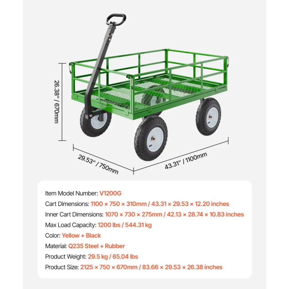 VEVOR 1200 Lbs Steel Garden Cart, Heavy Duty Pullable Garden Wagon Yard Cart, 2 in 1 Outdoor Metal Utility Wagon Yard Trailer with 13" All Terrain Tires, Mesh Removable Sides and 180°Rotating Handle