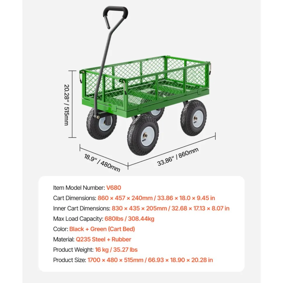 VEVOR 680 Lbs Steel Garden Cart on Wheels, Heavy Duty Garden Wagon Cart Pullable, Metal Outdoor Utility Yard Wagon Carts with 10" Tires, Mesh Removable Sides and 180°Rotating Handle