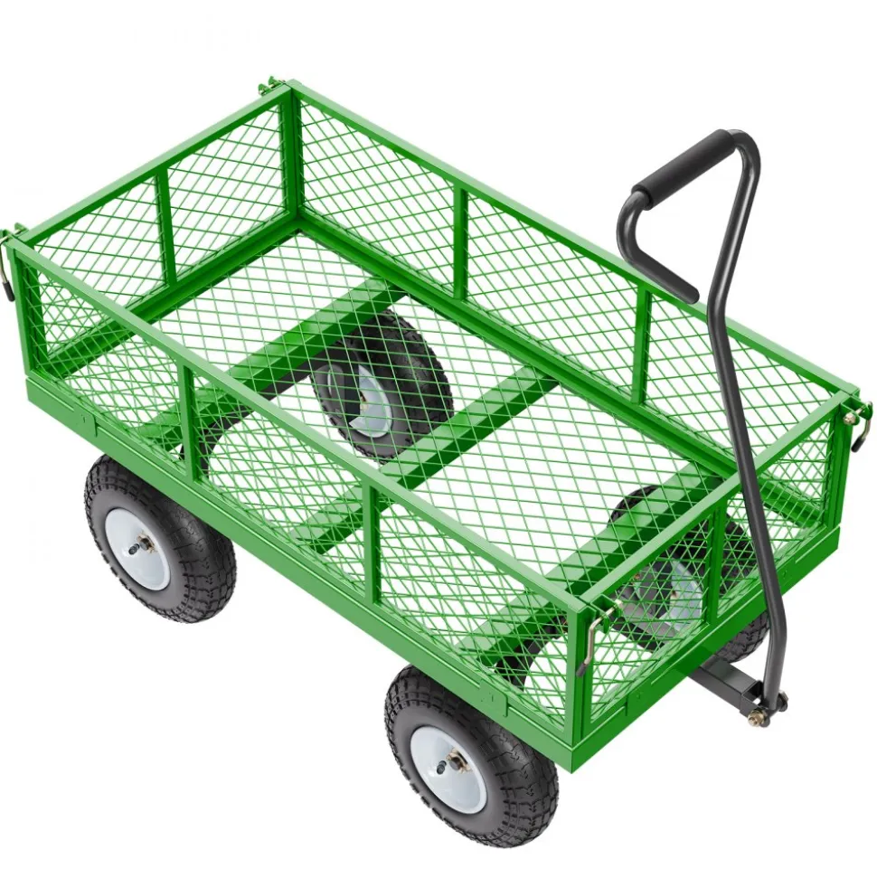 VEVOR 900 Lbs Steel Garden Cart on Wheels, Heavy Duty Pullable Garden Wagon Yard Cart, Outdoor Metal Utility Wagon with 10" Tires and Mesh Removable Sides(Convert to Flatbed), and 180°Rotating Handle