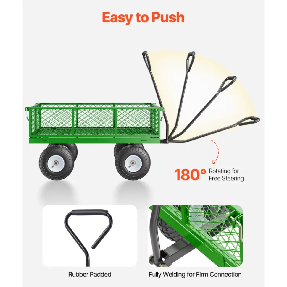 VEVOR 900 Lbs Steel Garden Cart on Wheels, Heavy Duty Pullable Garden Wagon Yard Cart, Outdoor Metal Utility Wagon with 10" Tires and Mesh Removable Sides(Convert to Flatbed), and 180°Rotating Handle