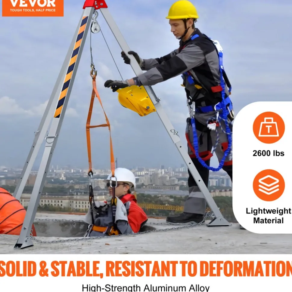 VEVOR 2600 lbs Winch Confined Space Tripod Kit, Confined Space Tripod 8' Legs and 98' Cable, Confined Space Rescue Tripod 33' Fall Protection with Blower, Gas detector, Harness.