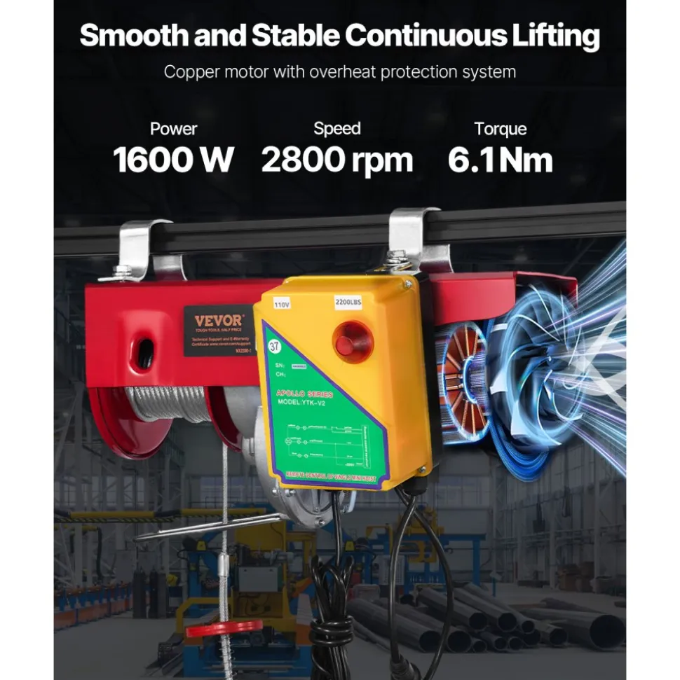 VEVOR 2200 lbs Wireless Attic Lift, 1600W 110V Electric Hoist with Wireless Remote Control, 40ft Single Cable Lifting Height & High-quality Motor, for Garage Warehouse Factory