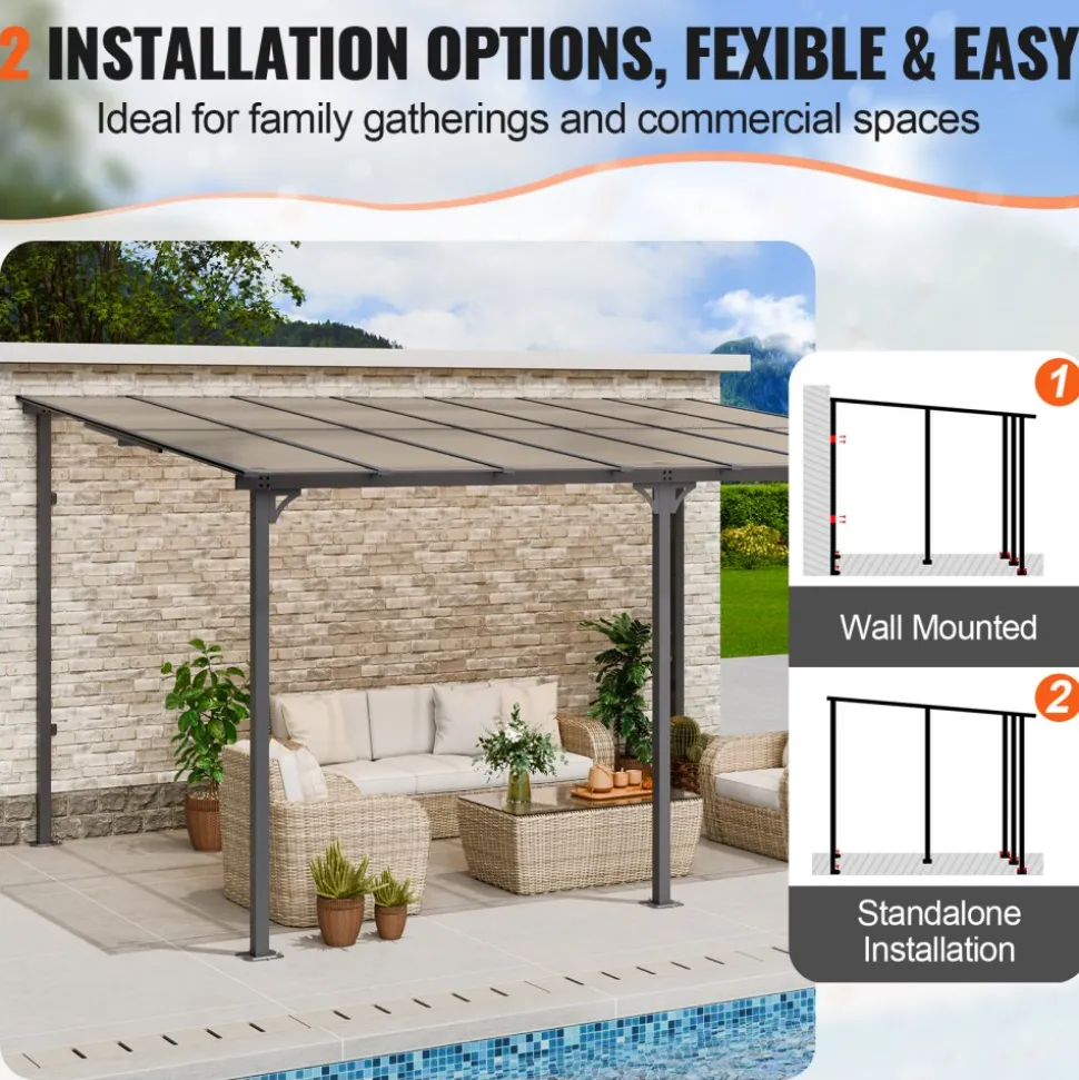 VEVOR Lean to Gazebo for Patio, 10' x 14' Hard Top Gazebo with Aluminum Frame, Wall Mounted & Freestanding Pergola, UV Resistant Polycarbonate Roof, Outdoor Patio Awnings for Deck, Garden and Backyard