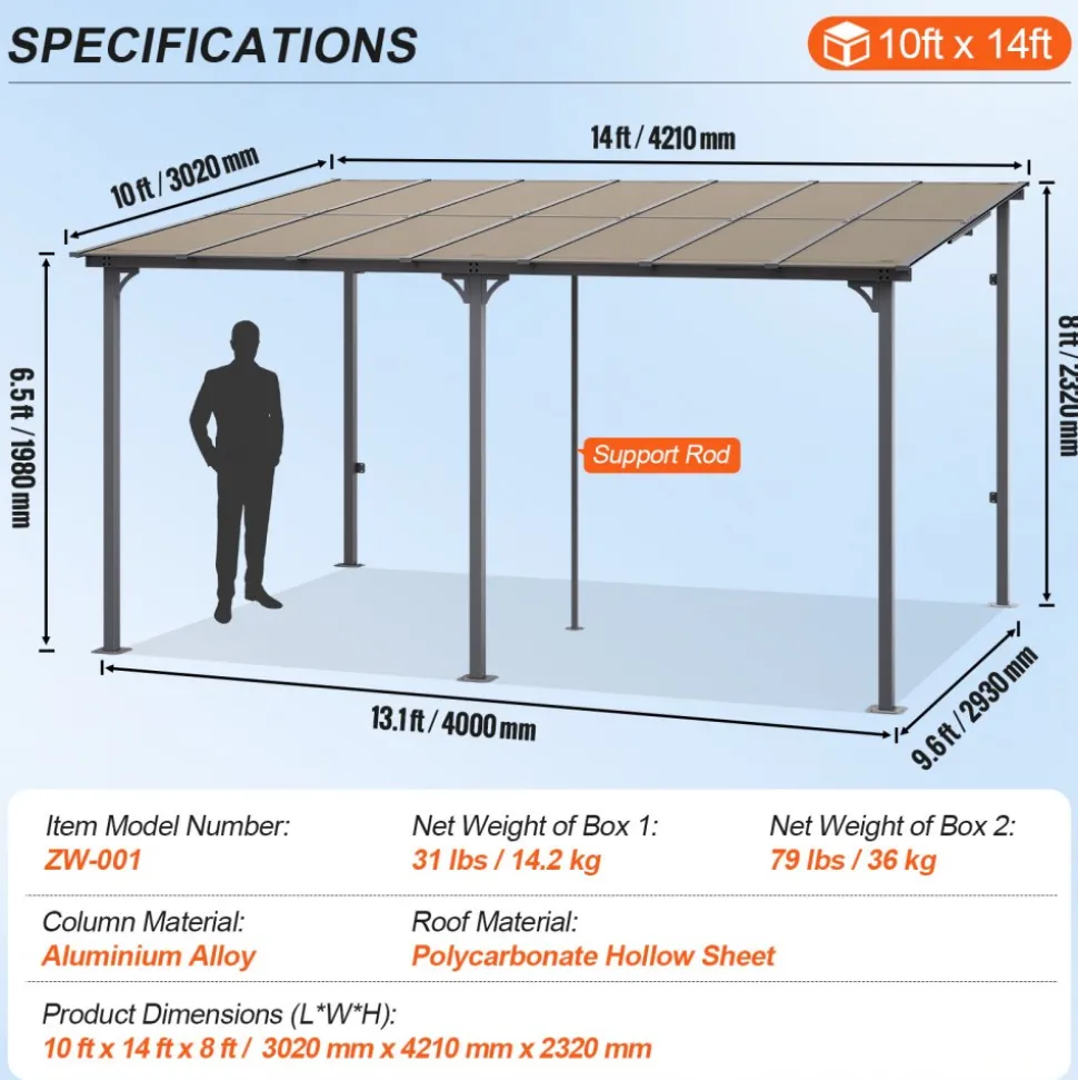 VEVOR Lean to Gazebo for Patio, 10' x 14' Hard Top Gazebo with Aluminum Frame, Wall Mounted & Freestanding Pergola, UV Resistant Polycarbonate Roof, Outdoor Patio Awnings for Deck, Garden and Backyard