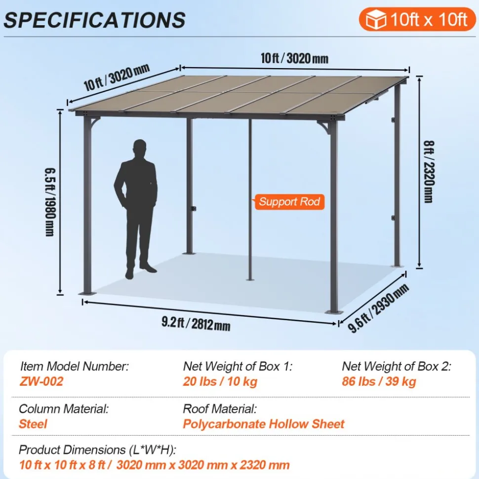 VEVOR Lean to Gazebo for Patio, 10' x 10' Hard Top Gazebo with Medal Frame, Wall Mounted & Freestanding Pergola, UV Resistant Polycarbonate Roof, Outdoor Patio Awnings for Deck, Garden and Backyard