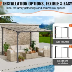 VEVOR Lean to Gazebo for Patio, 10' x 10' Hard Top Gazebo with Medal Frame, Wall Mounted & Freestanding Pergola, UV Resistant Polycarbonate Roof, Outdoor Patio Awnings for Deck, Garden and Backyard