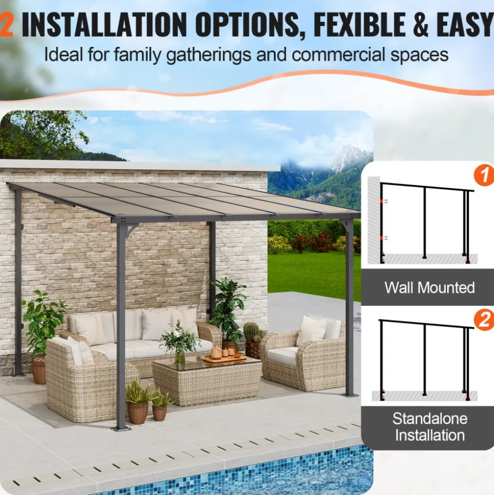 VEVOR Lean to Gazebo for Patio, 10' x 10' Hard Top Gazebo with Medal Frame, Wall Mounted & Freestanding Pergola, UV Resistant Polycarbonate Roof, Outdoor Patio Awnings for Deck, Garden and Backyard