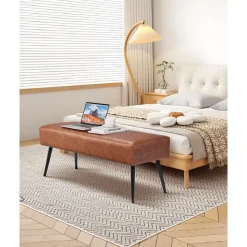 VEVOR Leather Bedroom Bench, PU Leather Bench with Metal Legs and with Stitching for Entryway, Upholstered Shoe Bench Seat, Modern End of the Bed Benches for Living Room, Dining Room, Hallway, Brown