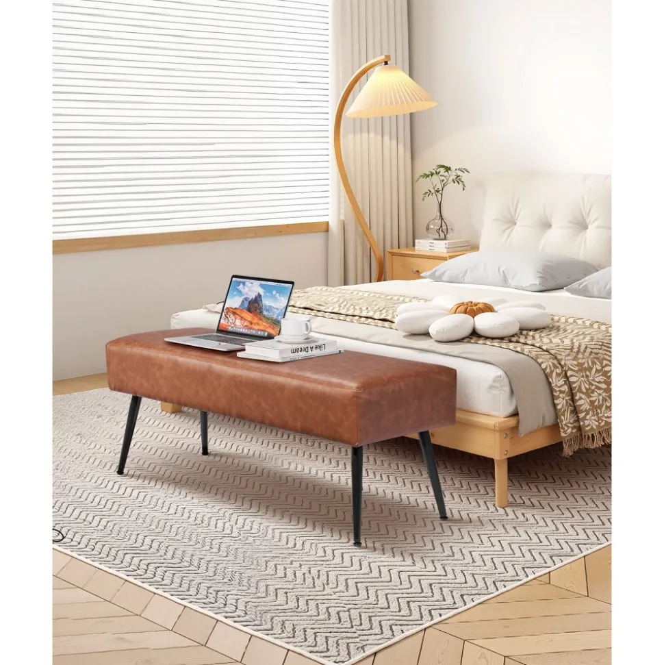 VEVOR Leather Bedroom Bench, PU Leather Bench with Metal Legs and with Stitching for Entryway, Upholstered Shoe Bench Seat, Modern End of the Bed Benches for Living Room, Dining Room, Hallway, Brown