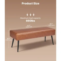 VEVOR Leather Bedroom Bench, PU Leather Bench with Metal Legs and with Stitching for Entryway, Upholstered Shoe Bench Seat, Modern End of the Bed Benches for Living Room, Dining Room, Hallway, Brown