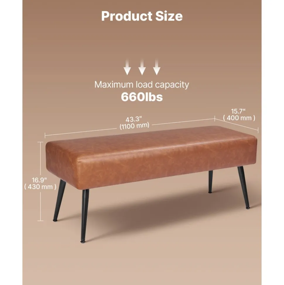 VEVOR Leather Bedroom Bench, PU Leather Bench with Metal Legs and with Stitching for Entryway, Upholstered Shoe Bench Seat, Modern End of the Bed Benches for Living Room, Dining Room, Hallway, Brown
