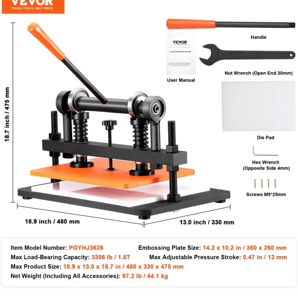 VEVOR Leather Cutting Machine, 14.2 x 10.2 in Embossing Plate Manual Die Cutter, 0.47 in Pressure Stroke Dual Guide Shafts Die Cut Machine, Leather Embossing Machine for Various of Materials