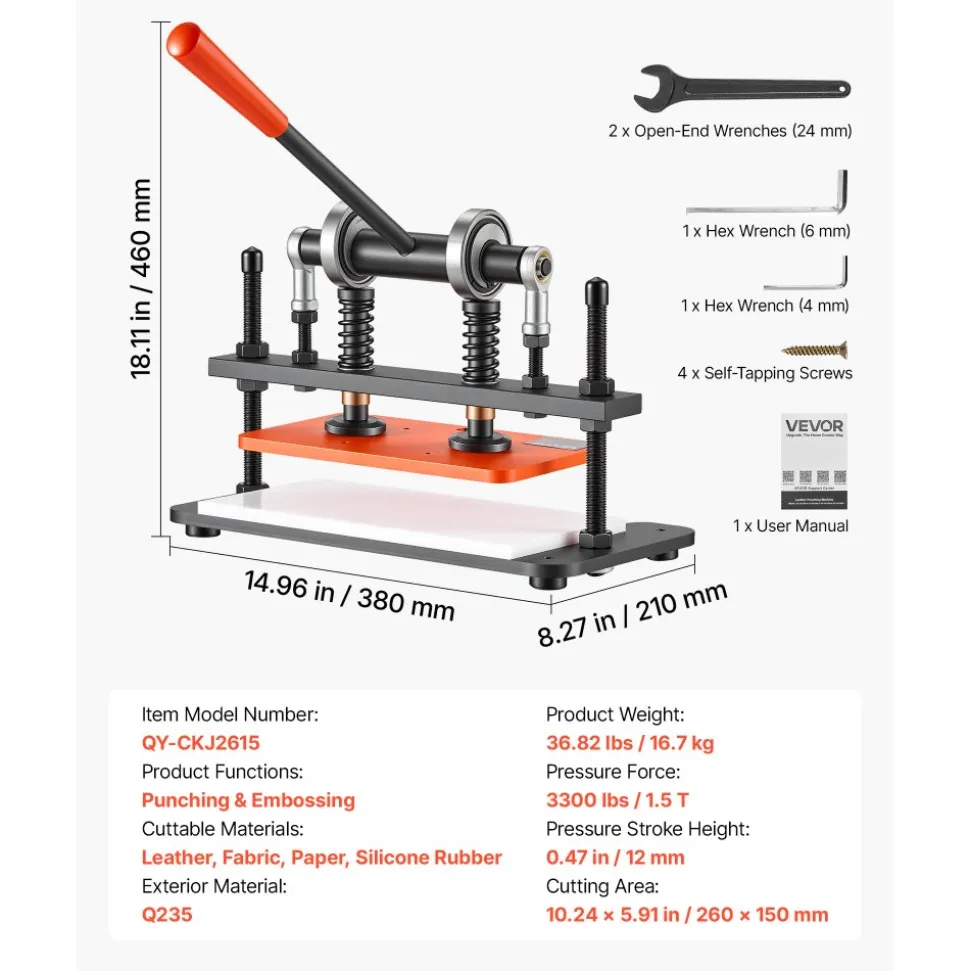 VEVOR Leather Cutting Machine 10.24 x 5.91 in Embossing Plate Die Cutter, Hand Press Leather Embossing & Die Cutting, 3300 lbs Pressure, 0.47 in Stroke, Dual Guide Shafts, for Fabric, Paper, Silicone