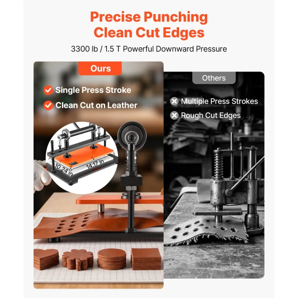 VEVOR Leather Cutting Machine 14.17 x 10.24 in Embossing Plate Die Cutter, Hand Press Leather Embossing & Die Cutting, 3300 lbs Pressure, 0.47 in Stroke, Dual Guide Shafts, for Fabric, Paper, Silicone