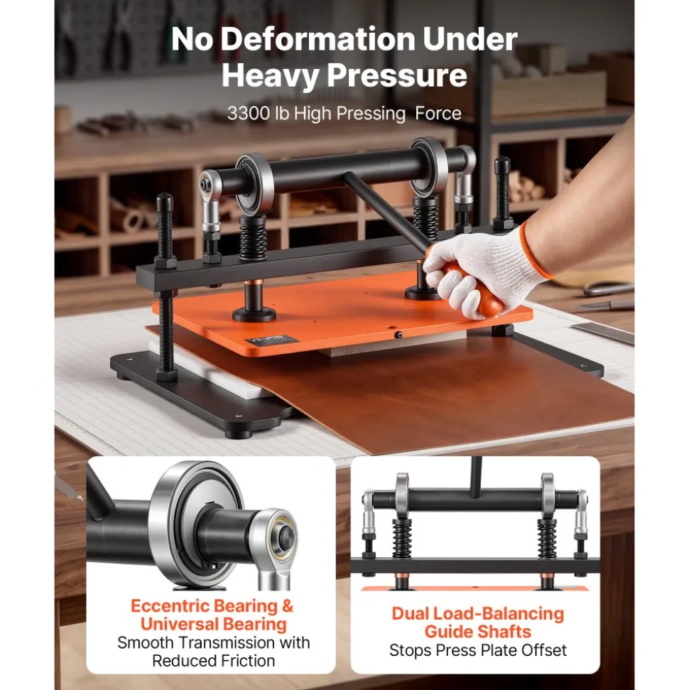 VEVOR Leather Cutting Machine 14.17 x 10.24 in Embossing Plate Die Cutter, Hand Press Leather Embossing & Die Cutting, 3300 lbs Pressure, 0.47 in Stroke, Dual Guide Shafts, for Fabric, Paper, Silicone