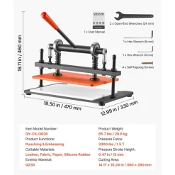 VEVOR Leather Cutting Machine 14.17 x 10.24 in Embossing Plate Die Cutter, Hand Press Leather Embossing & Die Cutting, 3300 lbs Pressure, 0.47 in Stroke, Dual Guide Shafts, for Fabric, Paper, Silicone