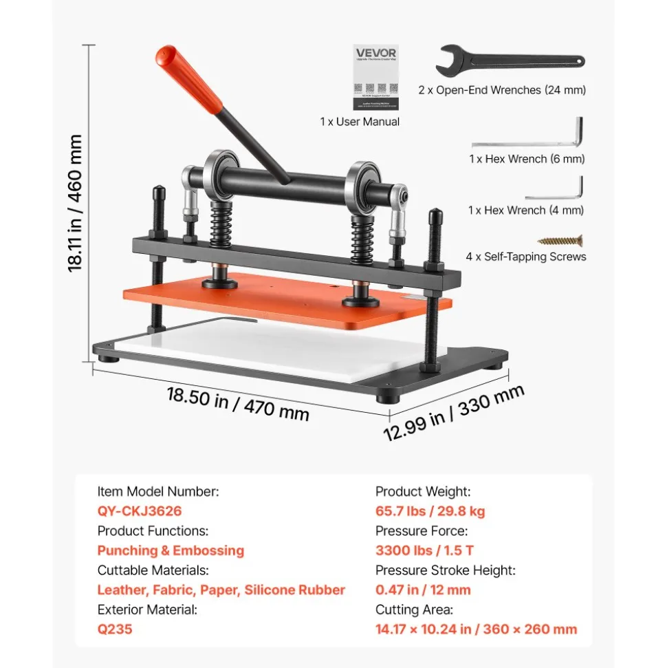 VEVOR Leather Cutting Machine 14.17 x 10.24 in Embossing Plate Die Cutter, Hand Press Leather Embossing & Die Cutting, 3300 lbs Pressure, 0.47 in Stroke, Dual Guide Shafts, for Fabric, Paper, Silicone