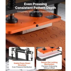 VEVOR Leather Cutting Machine 11.02 x 5.51 in Embossing Plate Die Cutter, Hand Press Leather Embossing & Die Cutting, 3300 lbs Pressure, 0.47 in Stroke, Dual Guide Shafts, for Fabric, Paper, Silicone