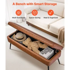VEVOR Leather Storage Ottoman Bench, PU Leather Bench with Storage and Metal Legs, Modern Shoe Benches Seat for Entryway, Upholstered End of Bed Benches for Living Room, Dining Room, Hallway, Black